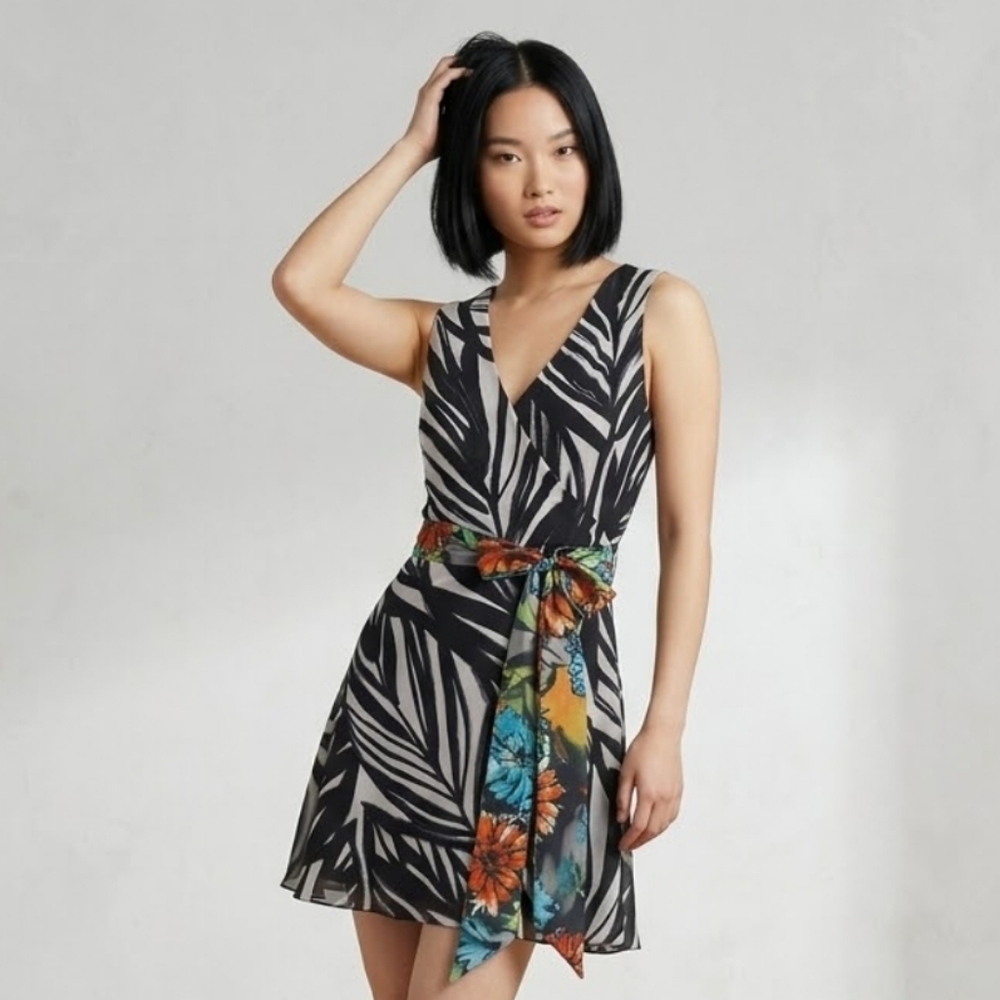 BLF Wrap Dress - Chic Zebra Print & Integrated Floral Belt - Size 38 ( M)